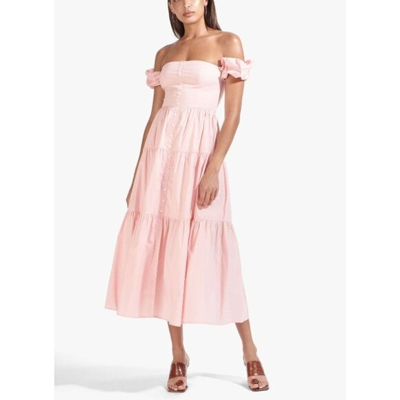 STAUD Elio Cotton Off Shoulder Midi Dress in Strawberry Cream Size 0 - Picture 1 of 6